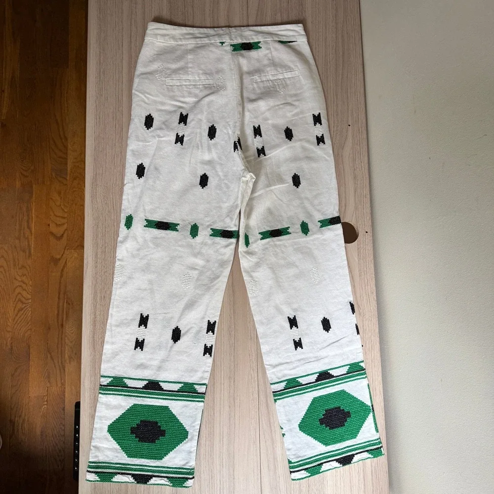 Zara Embroidered Linen Blend Straight Leg Pants White Green Small